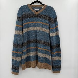 32 Bar Blues Sweater Mens Blue Wool Blend Striped V Neck Chunky‎ Knit xl